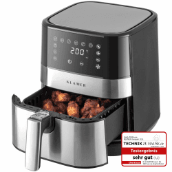 KLAMER Heißluftfritteuse 3,5l, ölfreie Friteuse, 1500W Airfryer mit LED-Touchscreen, digitalem deutschen Rezeptbuch, multifunktionale Mini-Heissluftfrittuese ohne Öl 3,5 L Edelstahl