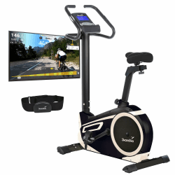 Skandika Ergometer Morpheus | Heimtrainer für Zuhause, 12 kg Schwungmassensystem, 32 Levels, 24 Programme, App Kompatibel mit Kinomap, Pulsgurt, Tablethalterung | Indoor Fahrrad bis 150 kg beige/schwarz