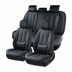 Coverado Sitzbezüge Vorne und Hinten 5 Stück, Wasserdichtes Leder Auto Sitzschutz Komplettset, Universal Fit für die meisten Limousinen SUV Pick-up Truck, Schwarz Schwarz L-Vollständiger Satz