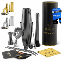EMPATION Cocktail Shaker Schwarz, 9-teiliges Cocktail Set mit 825ml Boston Shaker, Cocktail Zubehör inklusive Rezeptkarten, Bar Set für Anfänger und Profis, Cocktailshaker Set perfekt als Präsent Ohne Gestell Schwarz