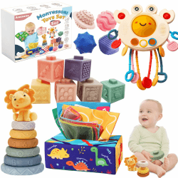 Montessori ab 1 Jahr, 5 in 1 Baby Spielzeug ab 6 9 12 Monate, Krabbe Babyspielzeug, Tissue Box, Stapelspielzeug, Quetsch Bälle, Beißring, Geschenk für Junge Mädchen