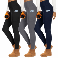HIPOWER 3er Pack Thermoleggings Damen Mit Taschen Leggings Gefüttert Winter High Waist Fleece Warme Leggins Blickdicht Schwarz Sport Thermounterwäsche Laufhose Yogapants XXL A-schwarz+grau+navy