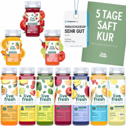 LiveFresh Saftkur 5 Tage | 35 Säfte (250ml) & 15 Shots (60ml) kaltgepresst & ohne Zuckerzusatz | Vegane Fastenkur | Inkl. Booklet mit Tipps & Tricks | Frisch gepresste Fruchtsäfte | Inkl. 8,75€ Pfand