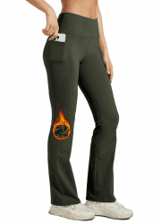 WILLIT Damen Thermo Flare Leggings Winter Fleece gefütterte Yogahose Warm Sportleggins Laufhose Bootcut Hose High Waist mit Taschen M Olivengrün
