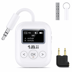 1Mii SafeFly Min+ Bluetooth Transmitter and Receiver, Bluetooth Adapter for Airplanes, 2 Devices Can Be Connected, Use with Any 3.5mm Socket in Airplanes, Fitness Equipment Whtie