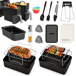 Heißluftfritteusen Zubehör für Ninja Foodi AF400EU, AF300EU, Emerio, Princess, Innsky, COSORI, Tower 7,6L/8L/9L/9,5L Dual Zone Heißluftfritteuse, Silikoneinlagen&Grillroste&Backformen usw, Schwarz 13pcs