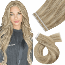 Moresoo Tape in Extensions Echthaar Blond 45cm Remy Echthaar Extensions Tape Goldblond mit Mittelblond Unsichtbare Extensions Echthaar Tape #P16/22 10 Stück 25g 45 cm #P16/22