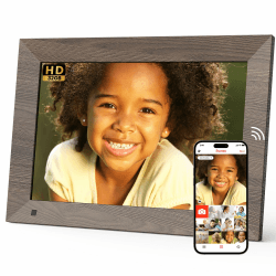 Digitaler Bilderrahmen 10.1 Zoll WLAN mit 32GB Speicher 1280 * 800 IPS HD Touchscreen mit Bewegungssensor SONVGOO Automatische Drehung, Teilen von Fotos oder Videos überall über Frameo App Braun