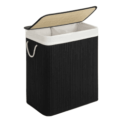 SONGMICS Wäschekorb mit Deckel, Wäschekorb aus Bambus, 2 Sortierfächer, abnehmbarer Beutel, Griffe aus Baumwolle, Volumen 100 l, für Waschküche, Schlafzimmer, Schwarz LCB64BK 100 L Schwarz