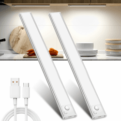 Schrankbeleuchtung Unterbauleuchte Küche Led Bewegungsmelder - 30CM Weiß 2 Stück Kabellos Unterschrank Lichtleiste mit USB Aufladbar Akku Unterbau Küchen Beleuchtung für Kleiderschrank Unterschrank 30CM-2 Stück Weiß