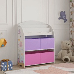 [en.casa] Kinder Bücherregal Orust Kinderregal mit Ozean Motiv Spielzeug Aufbewahrung 97,5 x 82,5 x 29,5 cm Kinderzimmer Regal mit 4 Aufbewahrungsboxen Weiß/Rosa/Lila Lila / Rosa 97,5 x 82,5 x 29,5 cm