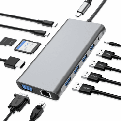 USB C HUB, 12 in 1 USB C Adapter Docking Station mit 4K-HDMI, VGA, 3*USB 2.0, USB3.0, USB C Data, PD3.0, Ethernet RJ45 Port, SD/TF, 3.5mm AUX, Kompatibel für MacBook Pro/Air, Mehr Type C Geräte