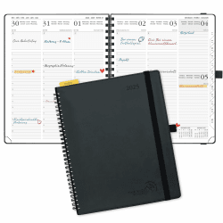 POPRUN Kalender 2025 Wochenplaner Ringbuch mit Softcover, ca. A4 (26,5 x 21,5 cm), 12-Monate-Terminplaner (Jan.2025-Dez.2025) 1 Woche 2 Seite mit 100 GSM FSC®-Zertifiziertem Papier - Schwarz Schwarz 26,5 x 21,5 cm