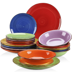 Tafelservice Steingut, vancasso BONITA 18-teiliges Kombiservice, Ess Geschirrset für 6 Personen, je 6 Speiseteller, Suppenteller und Dessertteller Bunte Serie Set of 18 Bunte Serie