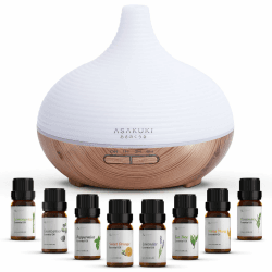 ASAKUKI 300ml Aroma Diffuser, Ultraschall Luftbefeuchter mit 8 * 10ml Ätherische Öle Set, Diffuser, 14-Farben-LED, 23dB Cool Mist Raumbefeuchter, Yoga, SPA, Zuhause-Gelb Braun mit Öle Set