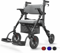VOCIC 2 in 1 Rollstuhl Rollator Faltbar und Leicht mit Sitz,Outdoor Gummireifen für Allen Gelände,Leicht Rollatoren mit Netztasche,Aluminium Gehhilfer Transport-Stuhl,Obsidianschwarz(5 Jahre Garantie)