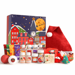 BODY & EARTH Weihnachtsgeschenke Adventskalender 2024 für Frauen mit 24 SPA Produkten und Weihnachtsdekoration, darunter Handcreme, Körperlotion, Duschgel uvm, weihnachtsgeschenke für frauen marineblau