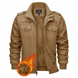 KEFITEVD Herren Winter Fleecejacke Outdoor Sherpa Gefüttert Warme Militär Feldjacke Taktikal Freizeit Cargo Stehkragen Mantel XL Khaki