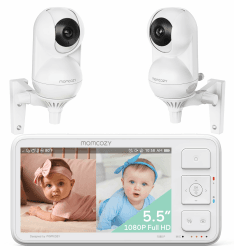 momcozy Babyphone mit 2 Kameras 5.5" 1080P Full HD Split Screen Babyphone mit Kamera und Audio Kein WLAN, 5800-mAh-Akku, ECO, VOX, Infrarot-Nachtsicht 500m Reichweite, Wiegenlied (ohne SD-Karte) BM03 with 2 Kameras