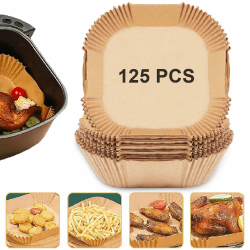 TOGOO Backpapier für Heißluftfritteuse, 125 Stück 20-24cm Quadrat Airfryer Backpapier, Einweg Antihaft-Öl und Wasserdicht Pergamentpapier Liner für Airfryer, Backofen, Mikrowelle Quadrat(20-24cm)-125Stück