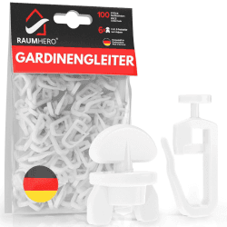 Raumhero® Gardinengleiter für Gardinenschiene (Komplettset 100x Gardinenhaken inkl. 6X Stopper) - 7mm Standardmaß Gardinenröllchen- Gardinenhaken für Schienen - 100% Made in Germany