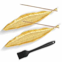 Udbrud Räucherstäbchen Halter, 2 Stück Blätter Metall Räuchergefäß Räucherstäbchenhalter Goldener Weihrauchhalter mit Mini-Besen für Wohnkultur, Yoga, Meditation, Büro