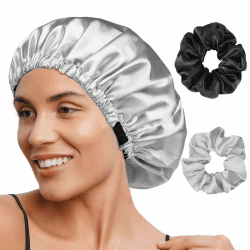 FOLAI 1 Stück Satin Hair Cap for Women - Double Sided Satin Silk Cap for Sleeping Sleep Cap Hair Protect Hair Cap for Night Satin Bonnet(Silber)…