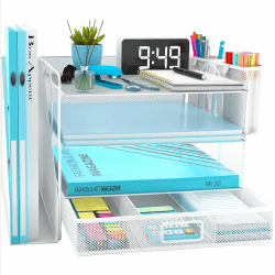 Schreibtisch Organizer mit Aktenhalter, 4 Ebenen Papier Briefablage mit Schublade und 2 Stifthalter, Netz Schreibtisch Ablagefächer Organiser mit Zeitschriftenhalter für Bürobedarf Dokumentenablage Schreibtisch Organizer-weiß