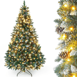 Yorbay künstlicher Weihnachtsbaum mit Beleuchtung und weißem Schnee, LED Tannenbaum für Weihnachten-Dekoration mit echten Tannenzapfen, Feuerbeständig (210CM) 210 cm