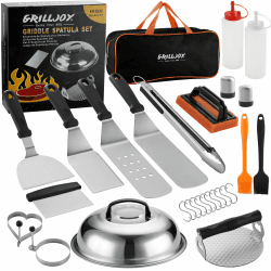 grilljoy 28-teiliges Grillspatel Set aus Edelstahl - Komplettes Plancha Spachtel Set für Teppanyaki Camping Cooking - Grillbesteck Set in Tragetasche mit Burger Presse, Grillschmelzkuppel, Schaber Orange