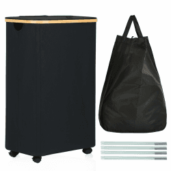 ROSOS Wäschekorb mit Rollen, 105L Wäschekorb mit Deckel mit Herausnehmbaren Wäschesack, Wäschesammler mit Rollen und Bambusgriff, Wasserdichter Faltbarer Wäschekorb mit Deckel, Schwarz Schwarz 105L