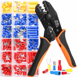 Crimpzange Kabelschuhe Set, Kabelschuhzange Crimpzange mit Ratschenfunktion,Crimpzange für 0,5-6mm² Isolierte mit 350 Stück Kabelschuhen