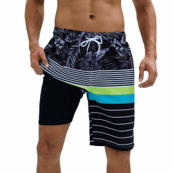 Arcweg Badehose für Herren Badeshorts mit Kompression 2 in 1 Schnelltrocknende Strandshorts Männer Elastisch Surf Shorts mit Reißverschlusstaschen XS-2XL XXL Große Größen Tall Schwarzer Streifendruck