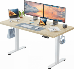 HUANUO Höhenverstellbarer Schreibtisch 140x80cm,25MM Ganze Tischplatte mit Bürstenloser Motor,Ergonomischer Steh-Sitz Tisch Stehpult,Einfache Montage Elektrischer Stehschreibtisch für Homeoffice 140*80cm Natur+weiß