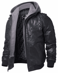 FLAVOR Echtes Lederjacke Herren Abnehmbarer Hoodie M Schwarz+grau
