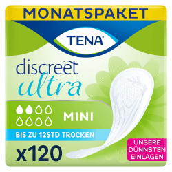 TENA Discreet Ultra - 120 Einlagen im Monatspaket (6 x 20 Stück), einzeln verpackt - Hygieneeinlagen für Frauen - bei leichter Blasenschwäche, Inkontinenz und bei Tröpfchenverlust 120 Stück (1er Pack)
