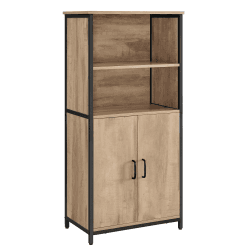 VASAGLE Küchenschrank, Bücherregal, 2 offene Fächer, Schrank mit verstellbaren Ablagen, Bücherschrank mit Türen, Stahlrahmen, für Wohnzimmer, Küche, Arbeitszimmer, eichenbraun-schwarz LSC066B50 Eichenbraun + Schwarz