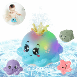 Delycazy Badewannenspielzeug Baby Badespielzeug Wasserspielzeug ab 1 2 3 Jahre, Kinder LED Oktopus Induction Automatischer Wasserstrahl Pool Spielzeug für Baby Blau