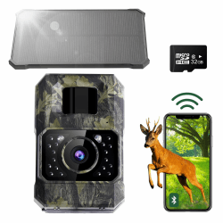 Assark Wildkamera mit Handyübertragung App,48MP 30fps Solar WLAN Bluetooth Wildkamera mit Bewegungsmelder Nachtsicht,Wildtierkamera mit 32GBSD-Karte, Eingebaute 2000mAh Lithium-Batterie,0,2S Auslösen Black