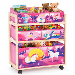 Yosamy Kinderregal aus Holz mit Rädern und 6 Aufbewahrungsbehältern, großer Kapazität Spielzeug Organizer für Kinderzimmer, Mädchen