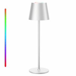 Qsky Tischlampe Kabellos Dimmbare LED Akku Tischleuchte, Wiederaufladbar Warme Lichtfarbe 3000K+RGB Aluminium Outdoor Tischlampe wasserdicht für Restaurant,Schlafzimmer,Bar,IP54 (Silber 3W 1Stück)