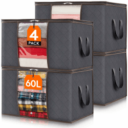 Lifewit 4 Stück Aufbewahrungstasche, Aufbewahrungsbox mit Deckel, Kleiderschrank Organizer Faltbare Kleideraufbewahrung Umzugskartons mit Verstärkt Griff für Bettdecken Kleidung Decke, Grau 4 60L