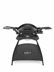 Weber Q2000 Gasgrill mit Stand + Seitentischen, 54 x 39cm Grillfäche, portable, 1 Brenner, 2-geteilter porzellanemaillierter Guss-Grillrost, Aluminiumguss Deckel & Gehäuse - Schwarz (53010379) Schwarz Gasgrill mit Stand