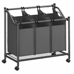 SONGMICS Wäschekorb mit Rollen, Wäschesammler mit 3 abnehmbaren Wäschesäcken, Wäschewagen, für Waschküche Schlafzimmer Badezimmer, 3 x 45 L, schiefergrau RLS102G01 Schiefergrau 135 L