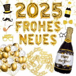 XXL Silvester Deko Set 2025 – XXL “FROHES NEUES” Ballons, Luftballons, Fotorequisiten, Tischdeko zur Neujahrs-Party