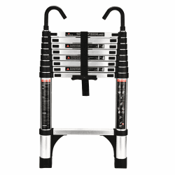 HBTower 2,6m Teleskopleiter Aluminium mit Haken, Leichte Ausziehleiter, Leiter Ausziehbar, klappbare Leiter für Dachböden, Caravans, 150kg Tragfähigkeit, Silber Silber 2.6M/8.5FT