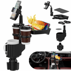Getränkehalter Auto Tisch Tablett - Dual Cup Holder Expander mit 360° Verstellbarem Becherhalter und Telefonhalter, Ideal für Autos (5 in 1)