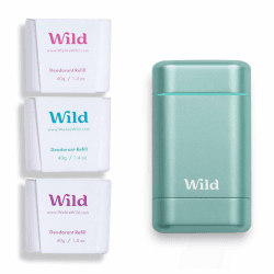 Wild - Natürliches nachfüllbares Deo - Aluminiumsalzfrei - Metallicblauer Deobehälter mit Nachfüll-Sortenpaket - Enthält Fresh Cotton & Sea Salt, Jasmine & Mandarin, Coconut & Vanilla Düfte - Vegan Original Nachfüll-Sortenpaket 40 g (3er Pack)