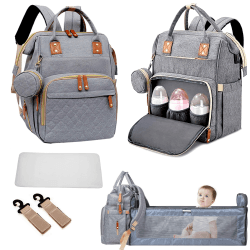 Fexkean Wickeltasche Rucksack Baby Wickelrucksäcke mit Großer Kapazität Tragbare Reisewindeltasche mit faltbarem Kinderbett mit Multifunktions Babytaschen und mobiler Wickelauflage Babybettrucksack Grau