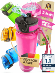Funkelfuchs®- Trinkflasche für Kinder – 500ml, Pink – Kohlensäure geeignet - 100% auslaufsicher - Wasserflasche spülmaschinenfest - für Kindergarten, Einschulung, Schule, Sport Pink 500 ml
